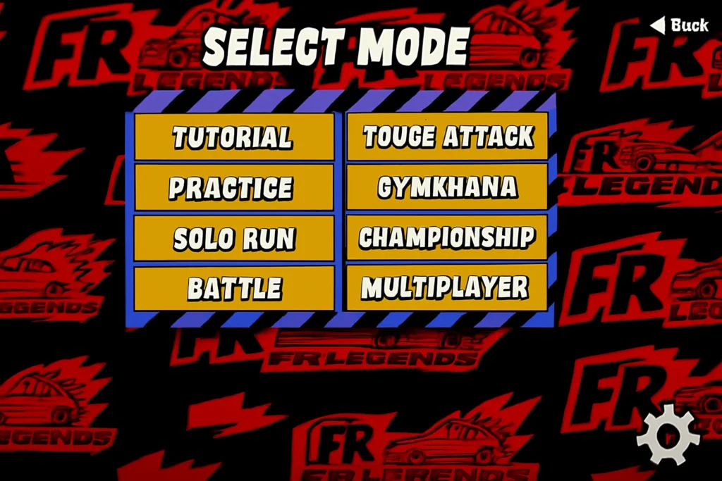 FR Legends game mode selection screen showing multiple gameplay modes