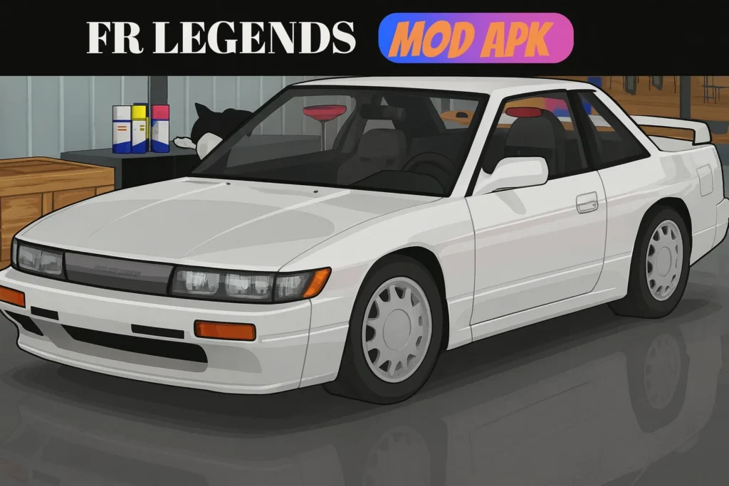 FR Legends Mod APK white drift car in the garage with interior and exterior details visible