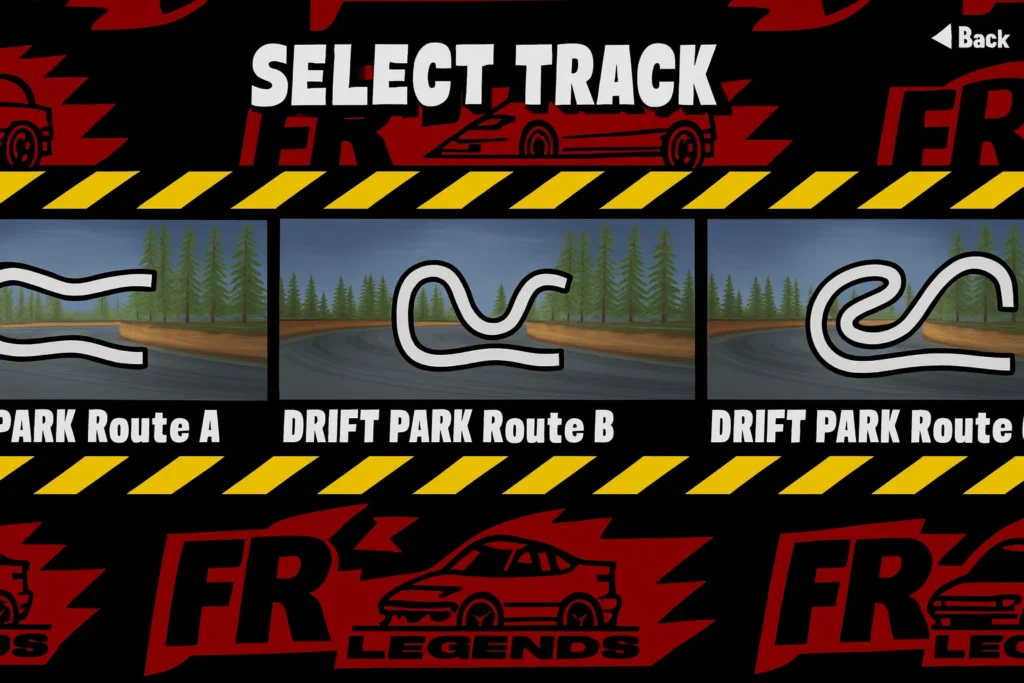 FR Legends Mod APK track selection screen showing Drift Park routes A, B, and C