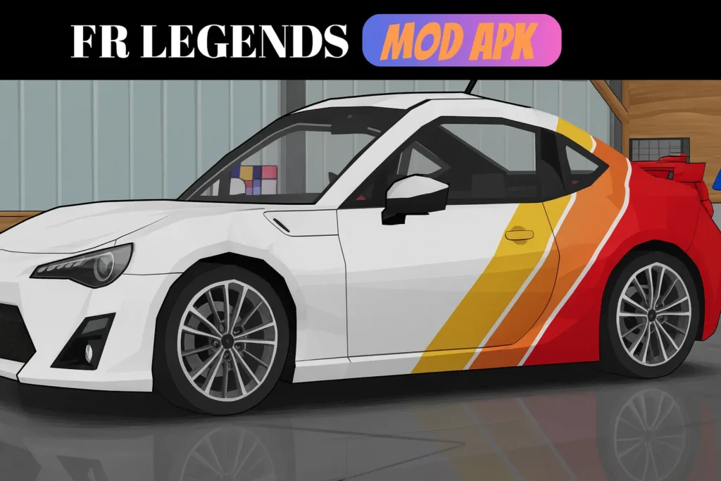 FR Legends Mod APK white and red drift car with yellow gradient livery inside the garage