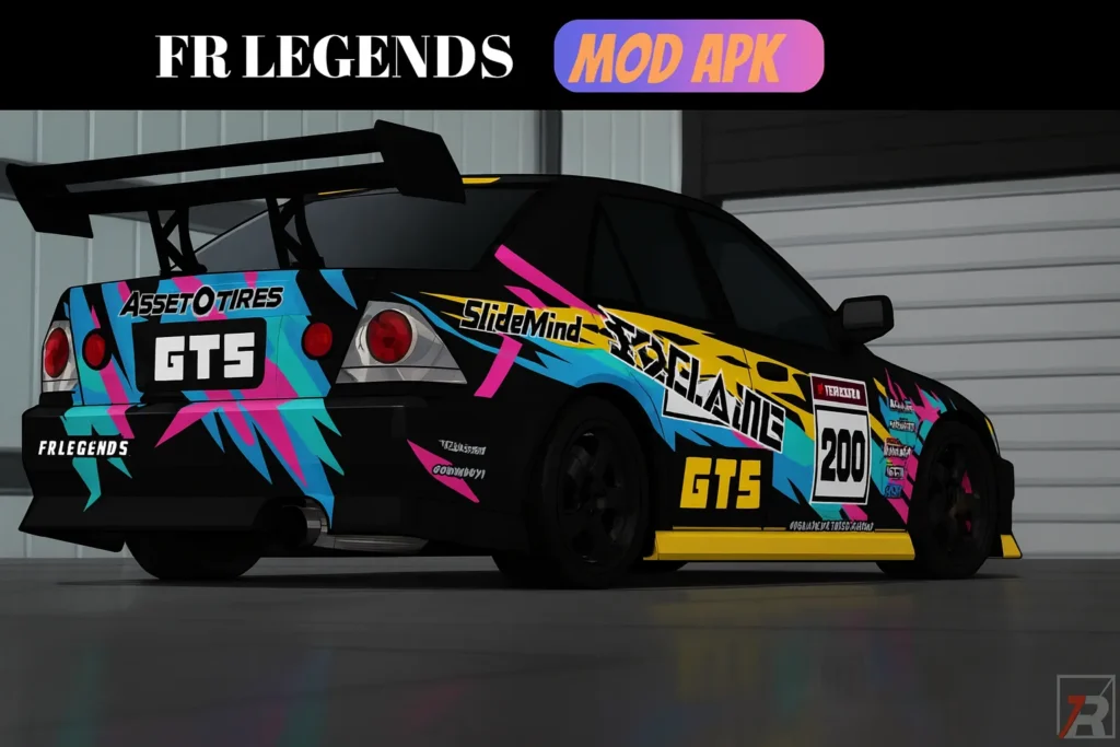 FR Legends Mod APK colorful GTS drift car with racing livery inside the garage