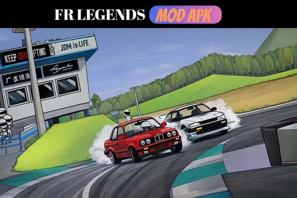 FR Legends Mod APK tandem drifting with red and white cars on the racetrack