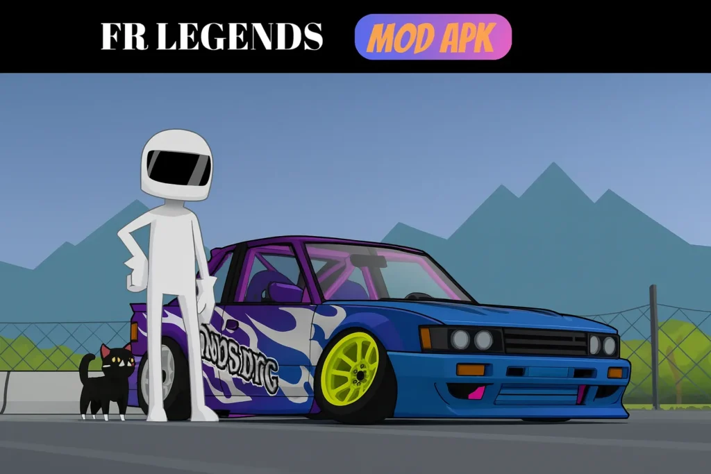 FR Legends Mod APK driver standing beside a blue and purple drift car with neon wheels