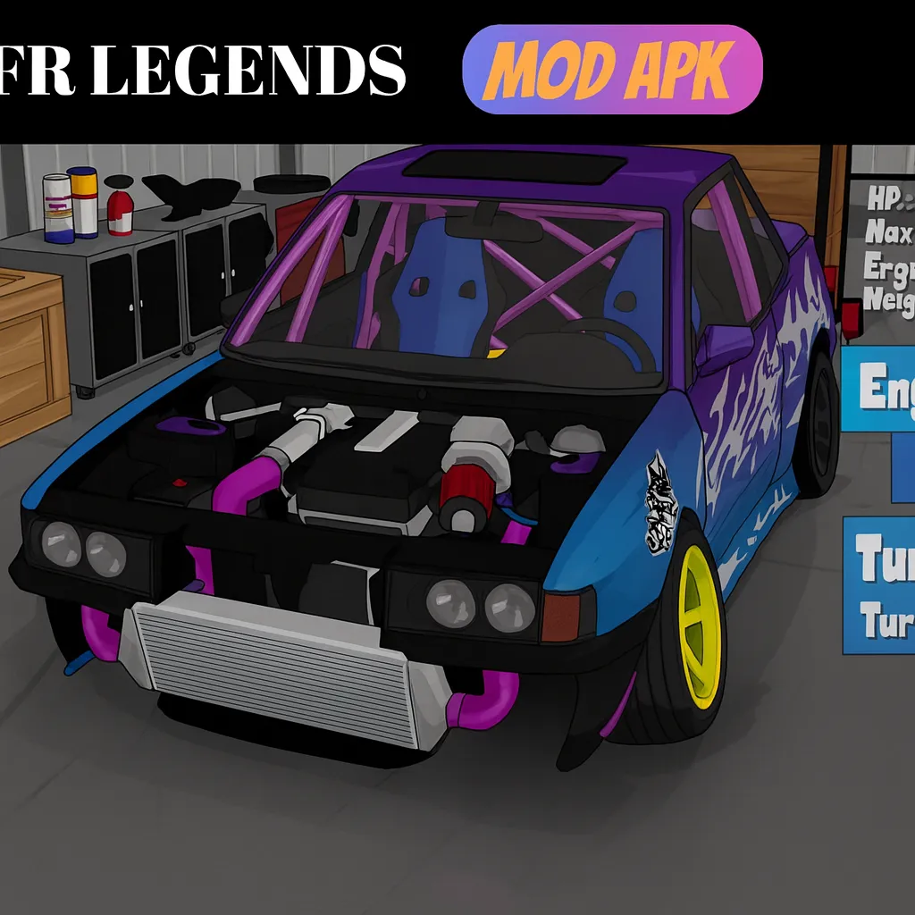 FR Legends Mod APK drift car with exposed engine bay and custom modifications inside the garage