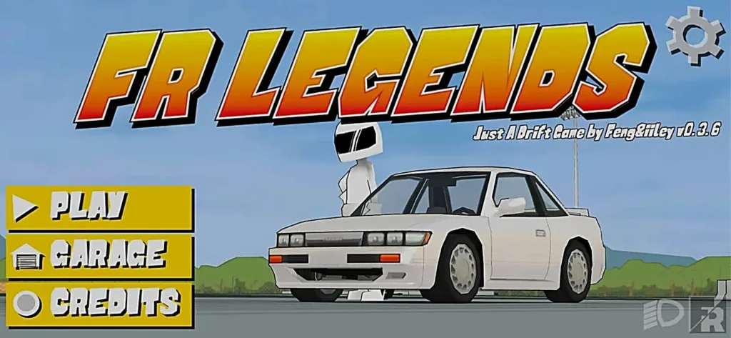 FR Legends Mod APK v0.4.1 main menu screen with car and driver standing beside it
