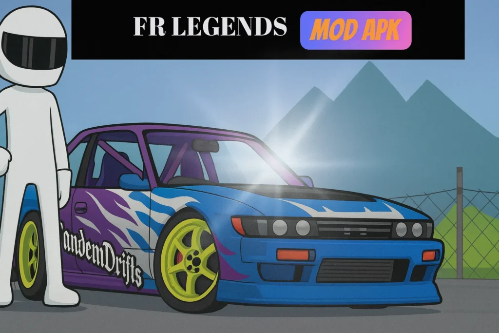 FR Legends Mod APK driver standing beside a blue and purple drift car with neon wheels under bright sunlight