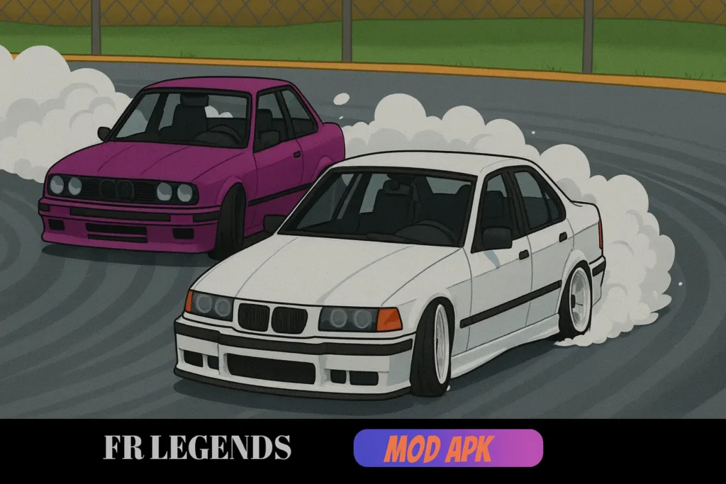FR Legends Mod APK tandem drift with white and purple cars sliding on the track