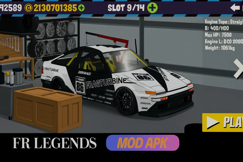 FR Legends Mod APK garage showing a black and white drift car with racing decals and high horsepower stats