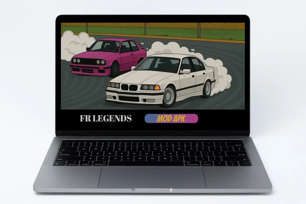 FR Legends Mod APK for PC showing tandem drifting on a laptop screen