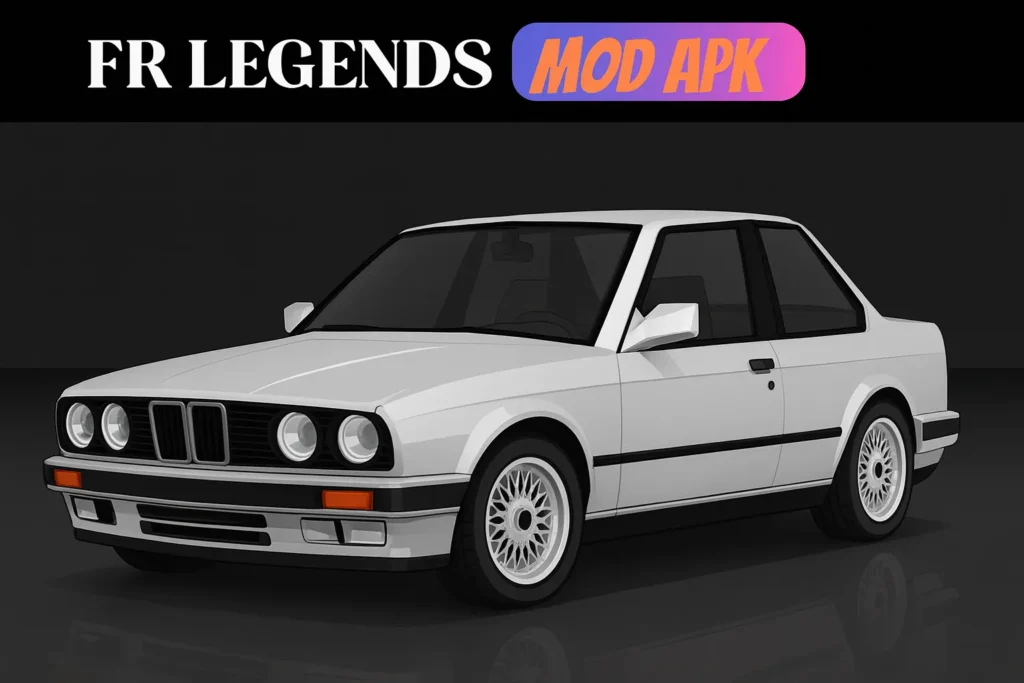 FR Legends Mod APK car render featuring a white classic drift car in the garage view