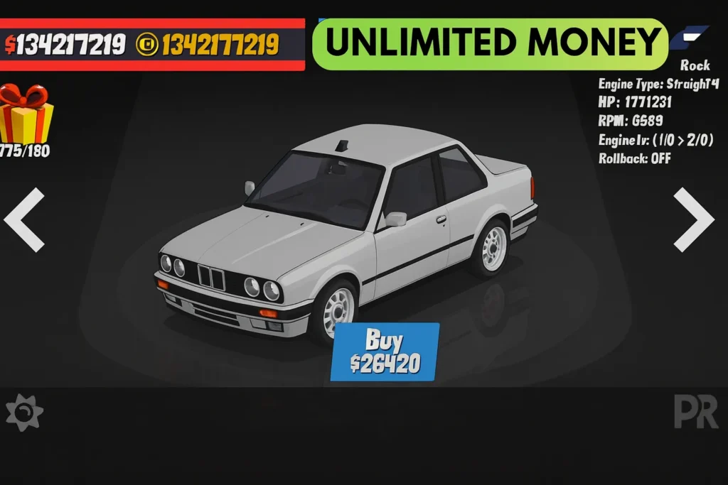 FR Legends Mod APK unlimited money screenshot showing a white drift car in the garage