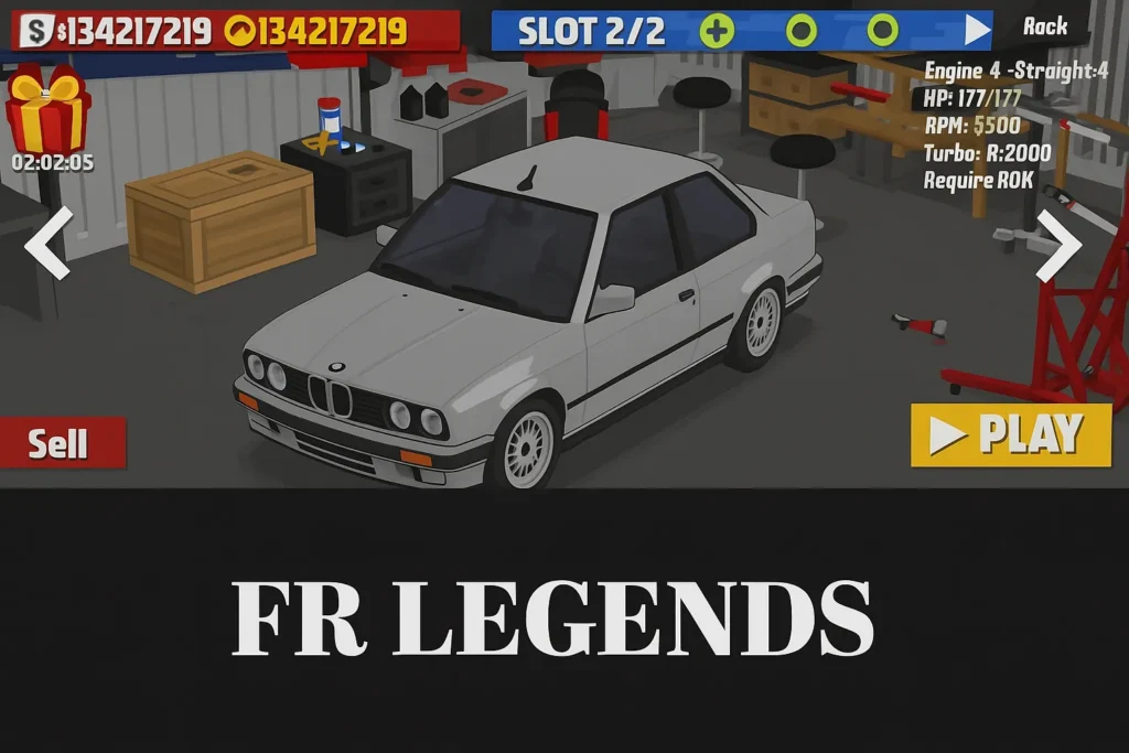 FR Legends Mod APK garage screenshot showing a white drift car with unlimited money and engine stats